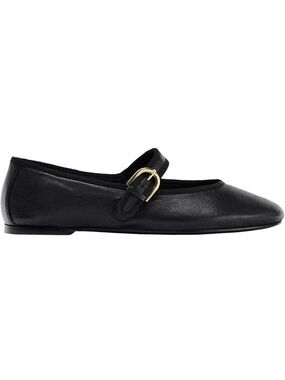 BRAND NEW ZARA Black Leather Mary Jane Flats with Gold Buckle 10